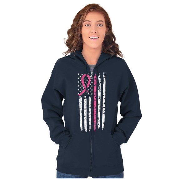 Breast Cancer Pink Line American Flag Womens Plus Size Graphic Zipper Hoodie Brisco Brands 4X