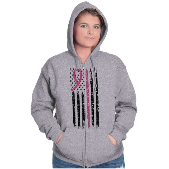 Breast Cancer Pink Line American Flag Womens Plus Size Graphic Zipper Hoodie Brisco Brands 5X