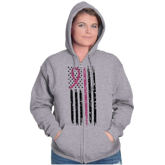Breast Cancer Pink Line American Flag Womens Plus Size Graphic Zipper Hoodie Brisco Brands 2X