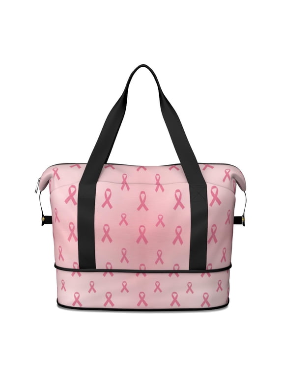 Breast Cancer Pink Ribbon Peach Pattern Expandable Travel Tote Bag, Work Shopping Tote with Dry Wet Pockets, Waterproof Dacron Gift Ideas for Holiday Birthday Gifts