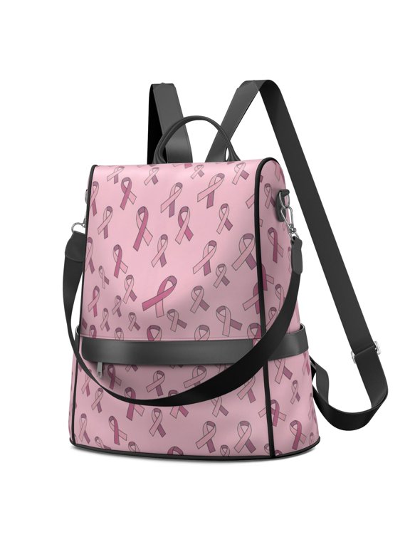 Breast Cancer Pink Ribbon Peach Pattern Fashion Backpack, Work Travel Rucksack with Side Bottle Pockets & Convertible Strap, Large Capacity Gifts for Work Travel Shopping