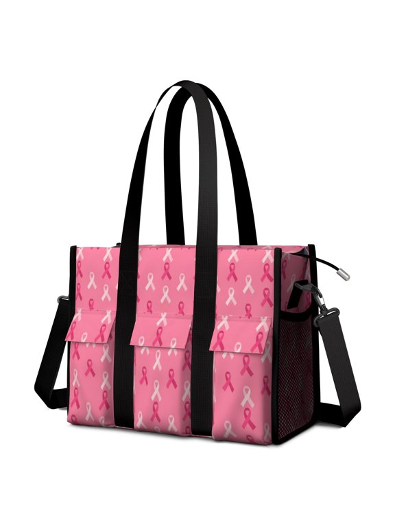 Breast Cancer Pink Ribbon Peach Pattern Utility Tote Bag, Work Tote with Multi Pockets & Removable Strap, Polyester Fabric Gifts for Birthday Christmas Thanksgiving