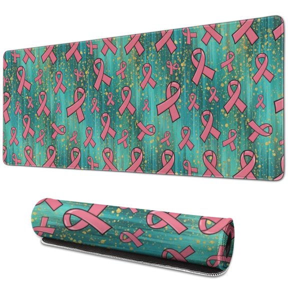 Breast Cancer Pink Ribbon Teal Pattern Extended Large Mouse Pad, Desk Protector Mat with Non Slip Base & Stitched Edges, Eco-Friendly Gifts for Birthday Christmas Thanksgiving,31.5"x11.8"