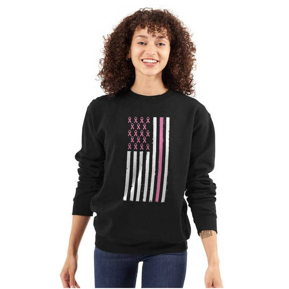 Breast Cancer Pink Ribbon USA Flag Women Plus Size Crewneck Sweatshirt Brisco Brands 4X