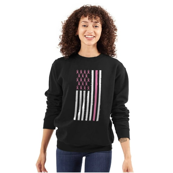 Breast Cancer Pink Ribbon USA Flag Women Plus Size Crewneck Sweatshirt Brisco Brands 4X