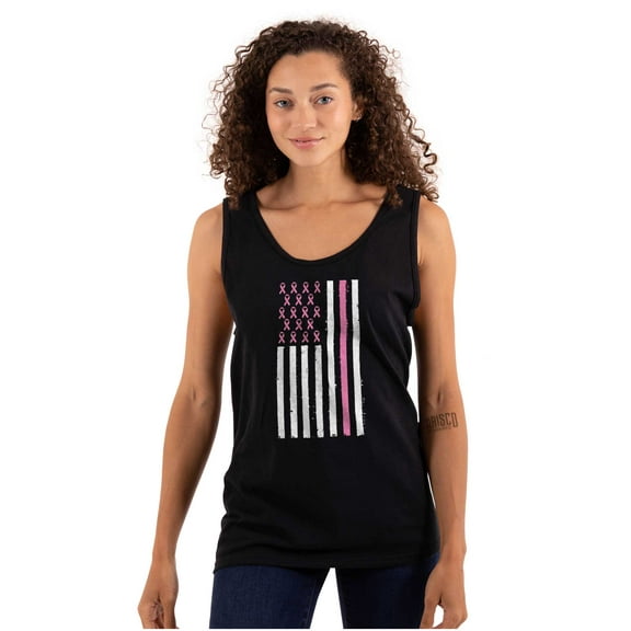 Breast Cancer Pink Ribbon USA Flag Womens Plus Size Graphic Tank Top Brisco Brands 2X