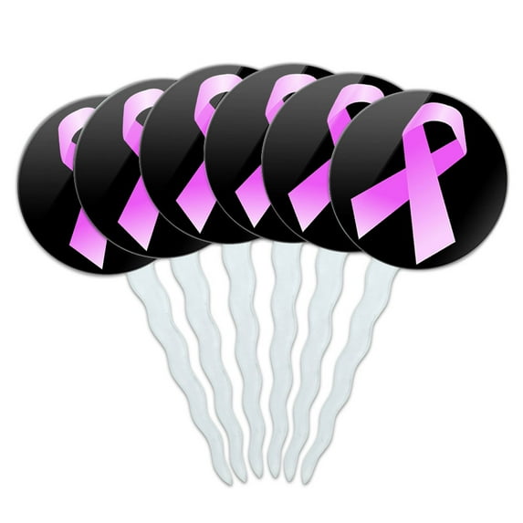 Breast Cancer Pink Ribbon on Black Cupcake Picks Toppers - Set of 6