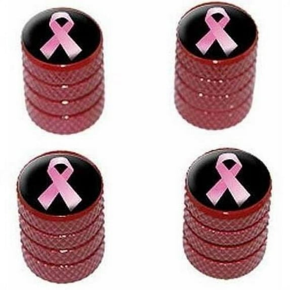 Breast Cancer Pink Ribbon on Black Tire Rim Wheel Aluminum Valve Stem Caps, Multiple Colors