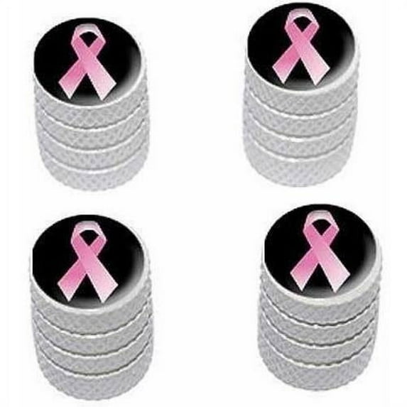 Breast Cancer Pink Ribbon on Black Tire Rim Wheel Aluminum Valve Stem Caps, Multiple Colors