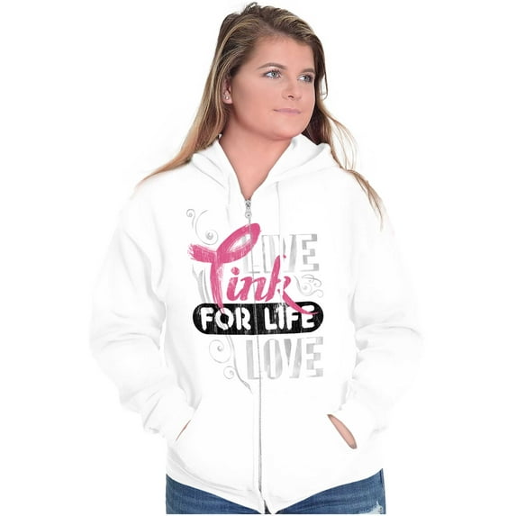 Breast Cancer Pink for Life Ribbon Zip Hoodie Sweatshirt Women Brisco Brands S