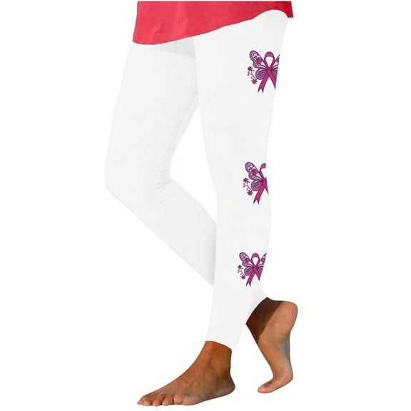 Breast Cancer Print Pants for Women Awareness Pink Ribbon Print Soft Trousers High Waist Workout Tights Yoga Leggings,White 10,XL
