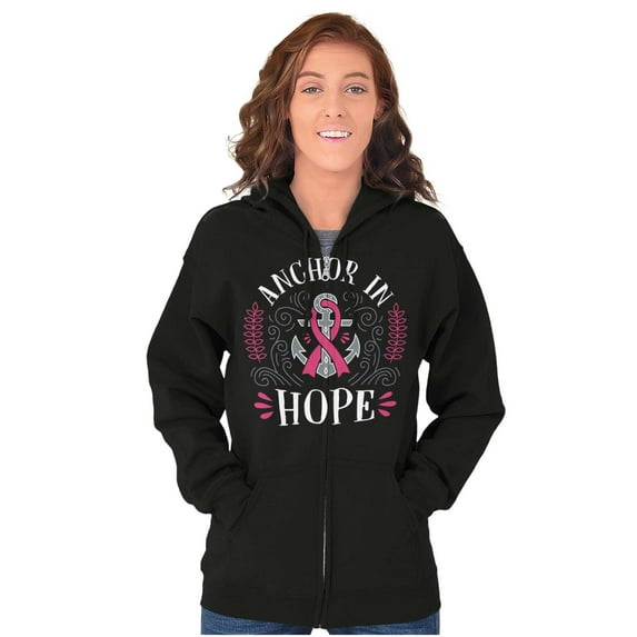 Breast Cancer Ribbon Anchor in Hope Womens Plus Size Graphic Zipper Hoodie Brisco Brands 5X