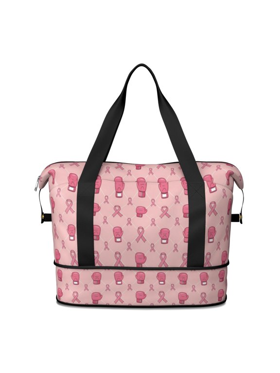 Breast Cancer Ribbon Boxing Glove Expandable Travel Tote Bag, Work Shopping Tote with Dry Wet Pockets, Tear Resistant Gift Ideas for All People