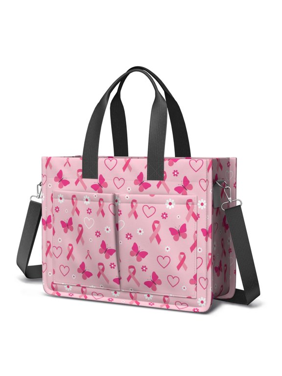 Breast Cancer Ribbon Butterfly Pink Pattern Canvas Messenger Tote Bag, Nurse Handbag with Multi Pockets & Removable Strap, Magnetic Closure Gifts for Birthday Christmas Thanksgiving