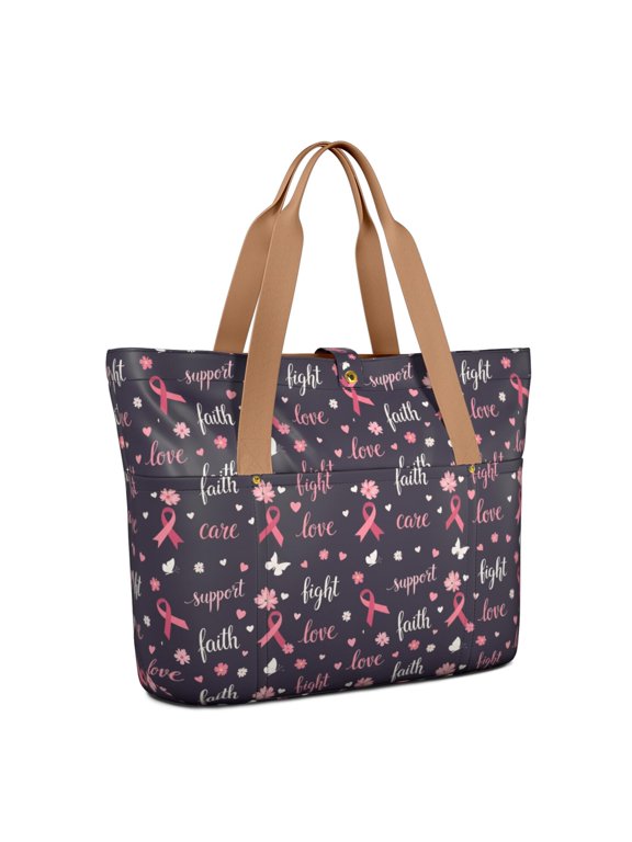Breast Cancer Ribbon Butterfly Word Large Tote Bag for Women, Polyester Roomy Beach Bag with Pockets and Zipper, Foldable Gifts Ideas for Work School Gym