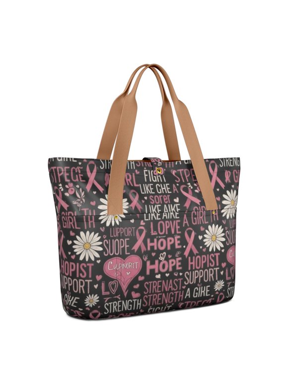 Breast Cancer Ribbon Daisy Word Large Tote Bag for Women, Polyester Roomy Beach Bag with Pockets and Zipper, Durable Gifts Ideas for Women Men