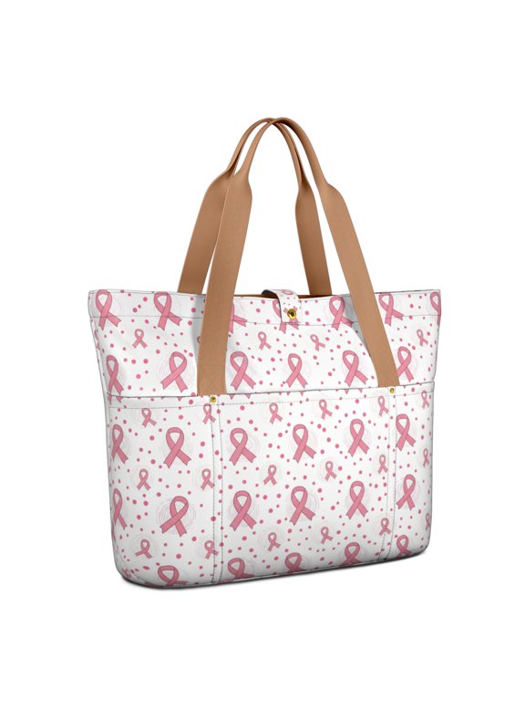 Breast Cancer Ribbon Dot White Pattern Large Tote Bag for Women, Polyester Roomy Travel Tote with Pockets and Zipper, Foldable Gifts Ideas for Women Men