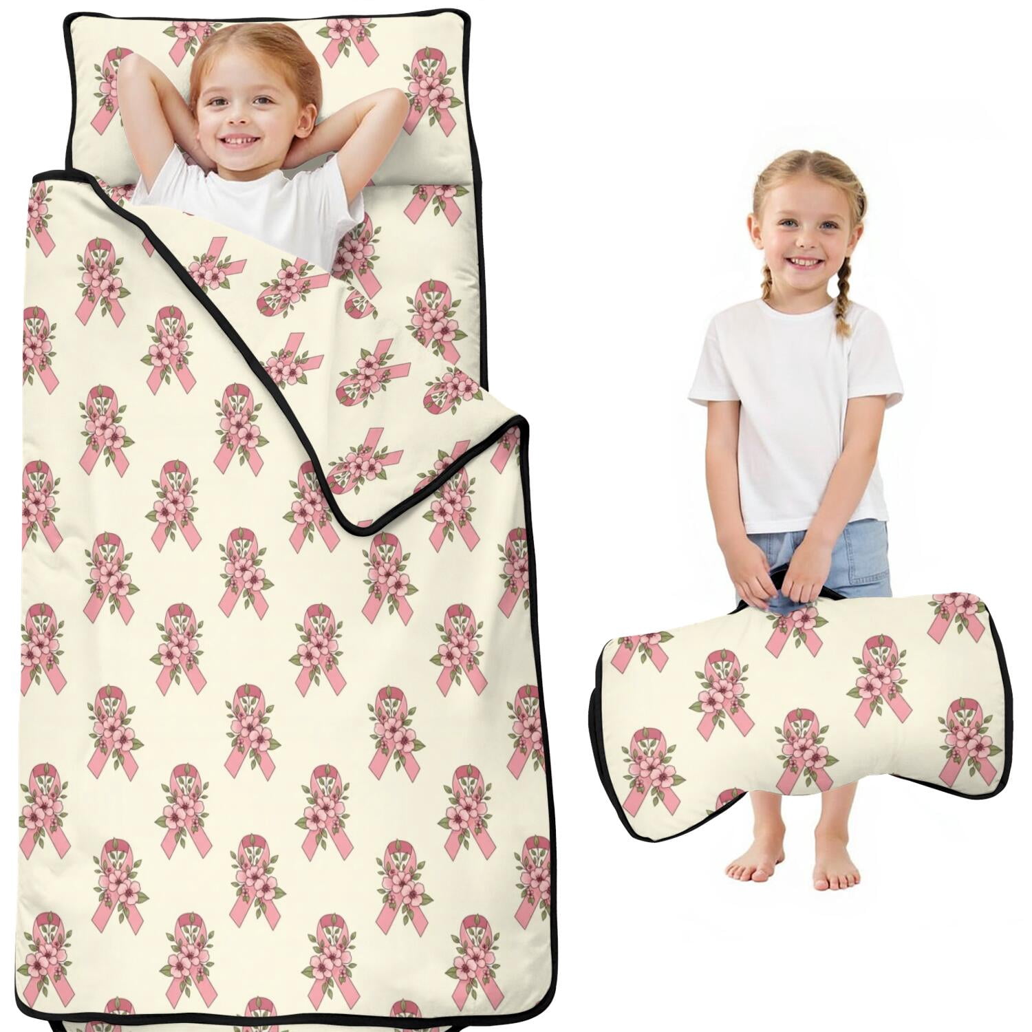 Flower Ribbion Breast Cancer Ribbon Flower Cream Pattern Kids Nap Mat, Sleeping Mat ...
