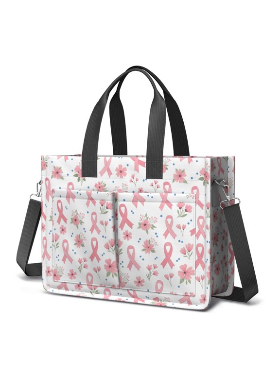 Breast Cancer Ribbon Flower White Pattern Canvas Messenger Tote Bag, Nurse Handbag with Multi Pockets & Removable Strap, Durable Canvas Gifts for Birthday Christmas Thanksgiving