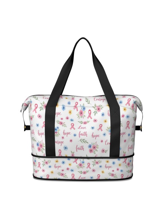 Breast Cancer Ribbon Flower Word Expandable Travel Tote Bag, Luggage Sleeve Travel Bag with Dry Wet Pockets, Waterproof Dacron Gift Ideas for Holiday Birthday Gifts