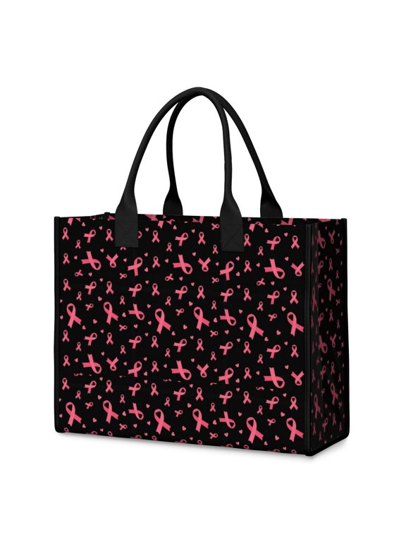 Breast Cancer Ribbon Heart Black Pattern Beach Tote Bag, Summer Beach Handbag with Inner Pocket & Removable Bottom, Waterproof Twill Gifts for Birthday Christmas Thanksgiving