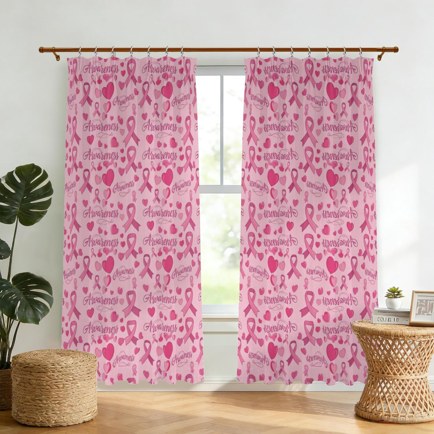 Breast Cancer Ribbon Heart Pink Pattern Pinch Pleat Semi Sheer Linen ...