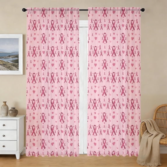 Pattern Pinl Breast Cancer Ribbon Heart Pink Pattern Sheer Curtains, Rod Pocket ...