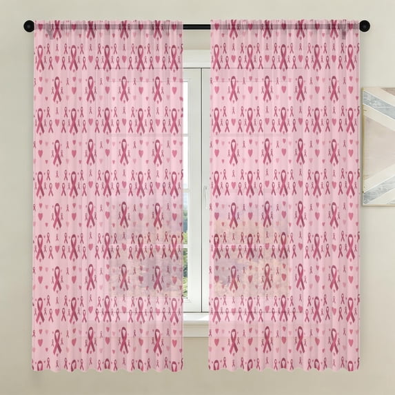 Pattern Pinl Breast Cancer Ribbon Heart Pink Pattern Sheer Curtains, Rod Pocket ...
