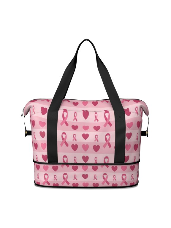 Breast Cancer Ribbon Heart Stripe Expandable Travel Tote Bag, Luggage Sleeve Travel Bag with Dry Wet Pockets, Expandable Bottom Gift Ideas for All People