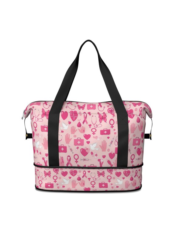 Breast Cancer Ribbon Medical Icon Pink Pattern Expandable Travel Tote Bag, Luggage Sleeve Travel Bag with Dry Wet Pockets, Waterproof Dacron Gift Ideas for All People