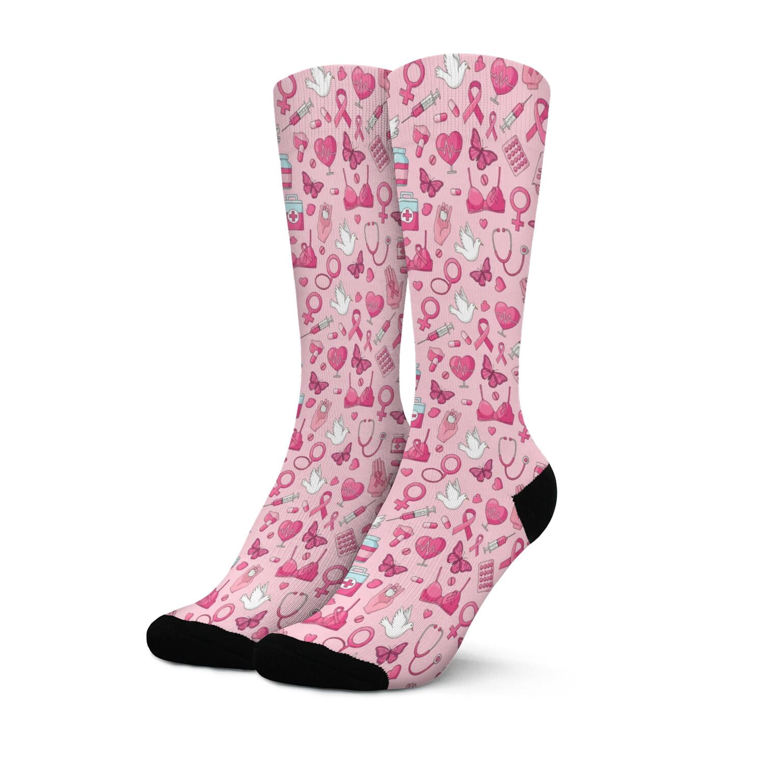 Breast Cancer Ribbon Medical Icon Pink Pattern Women's Crew Socks, Mid ...