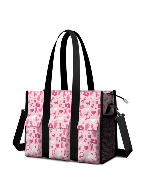 Breast Cancer Ribbon Medical Icon Utility Tote Bag, Office Commuter Tote with Multi Pockets & Removable Strap, Large Capacity Gifts for Work School Travel