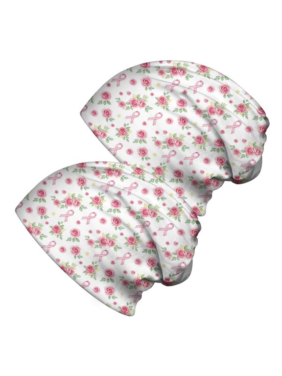 Breast Cancer Ribbon Rose White Pattern 2 Pack Slouchy Beanie Hat, Casual Daily Beanie with Stretchy Fabric & Soft Texture, Lightweight Flexible Gifts for Unisex Men Women