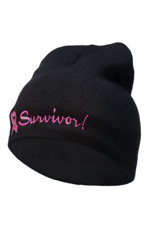 Breast Cancer Ribbon Survivor Embroidered Short Beanie - Black OSFM