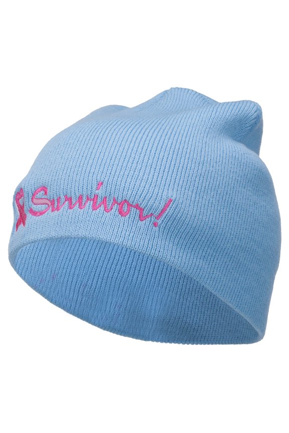 Breast Cancer Ribbon Survivor Embroidered Short Beanie - Lt Blue OSFM