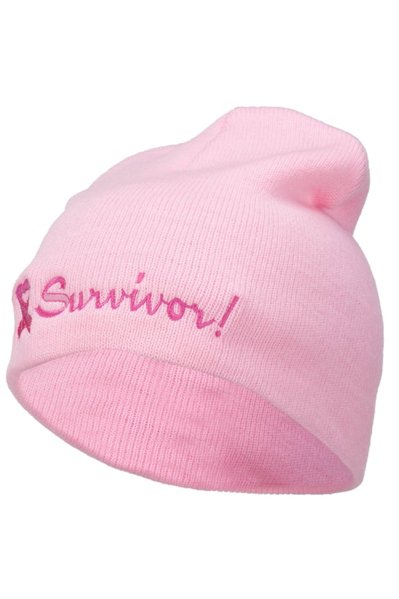 Breast Cancer Ribbon Survivor Embroidered Short Beanie - Pink OSFM