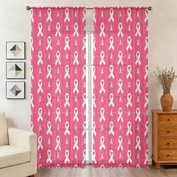 Pattern Pinl Breast Cancer Ribbon White Pink Pattern Sheer Curtains, Sheer Window ...