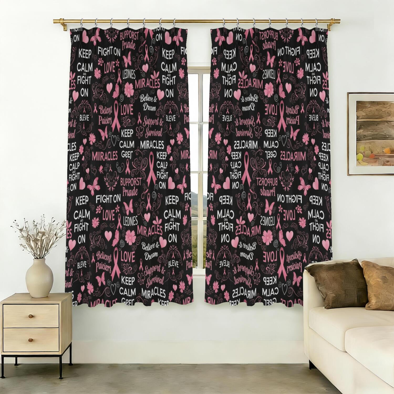 Breast Cancer Ribbon Word Black Pattern Pinch Pleat Semi Sheer Linen ...