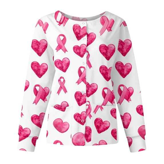 Breast Cancer Scrub Jackets for Women Scrub Shirts Pink Ribbon pattern Long Sleeve Breast Cancer Awareness Scrubs Jackets Working Nurse Uniforms with Pockets