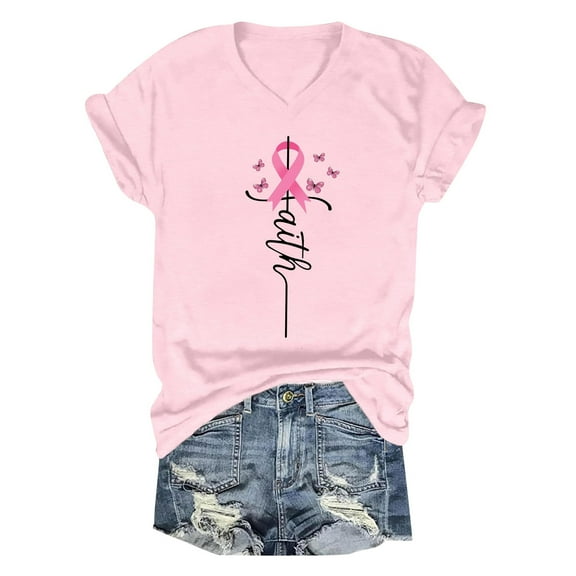 Breast Cancer Shirt Women Breast Cancer Awareness Pink Ribbon Short Sleeve Graphic V Neck Tops Cancer Care Gifts Cancer Survivor Tops (Pink, M)