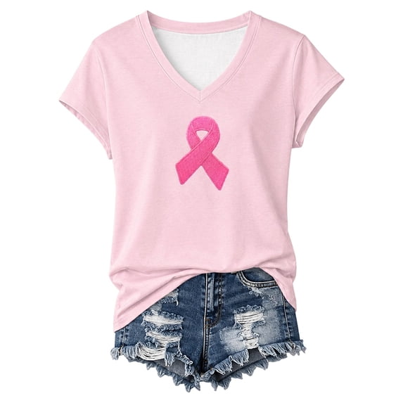 Cancer Shirt Women Cancer Awareness Pink Ribbon T-Shirt Cancer Survivor V-Neck Tops