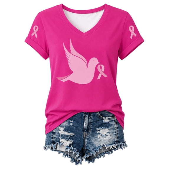 Cancer Shirt Women Cancer Awareness Pink Ribbon T-Shirt Cancer Survivor V-Neck Tops