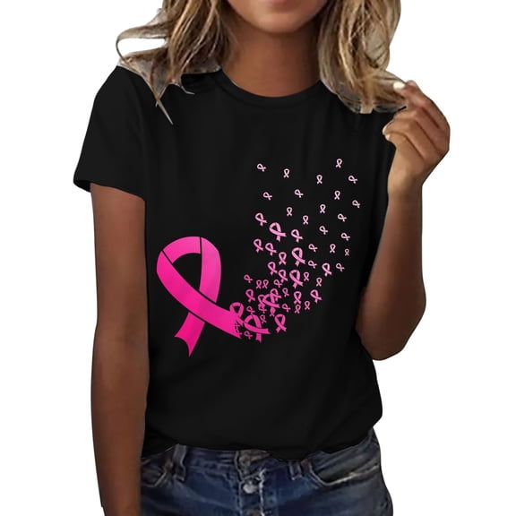 Breast Cancer Shirt Women Pink Ribbon Shirts Breast Cancer Awareness Tee Cancer Survivor Crewneck T-shirts Short Sleeve Tops (Black, M)