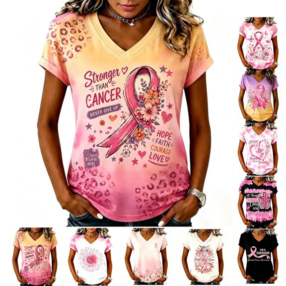 Breast Cancer Shirt for Women Pink Ribbon Graphics Support Cancer Shirts Short Sleeve Breast Cancer Awareness TShirts