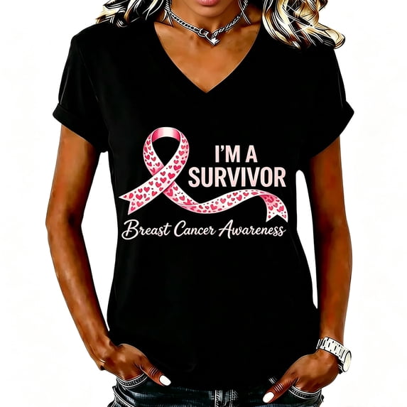 Breast Cancer Shirts For Women Pink Ribbon V-Neck Breast Cancer Awareness Short Sleeve Tee Cancer Pink Ribbon Floral Gradient Print Tops