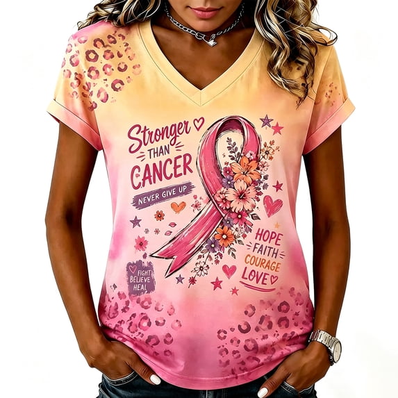 Breast Cancer Shirts For Women Pink Ribbon V-Neck Breast Cancer Awareness Short Sleeve Tee Cancer Pink Ribbon Floral Gradient Print Tops