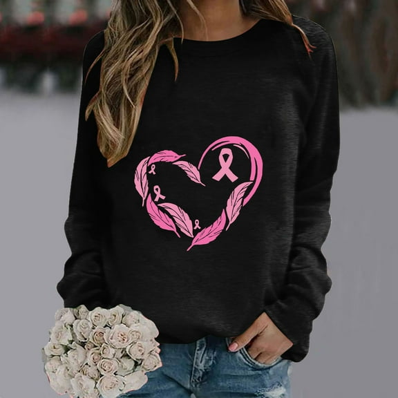 Breast Cancer Shirts Long Sleeve Pink Ribbon Butterfly Print T-Shirt