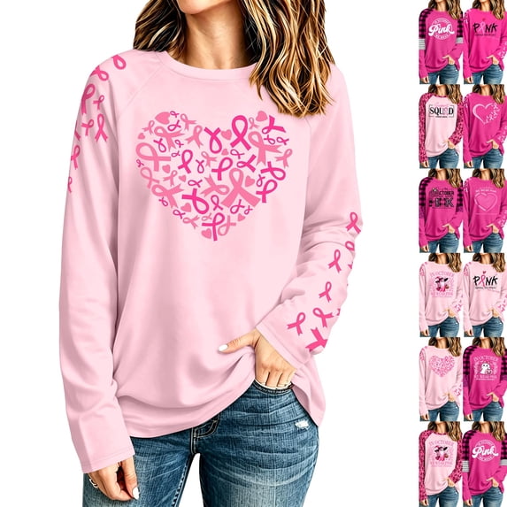 Breast Cancer Shirts for Women Breast Cancer Awareness Long Sleeve T Shirt, Graphic Tee Fall Casual Long Sleeve T-shirt Support Squad Breast Cancer Casual Tops Pink XXL