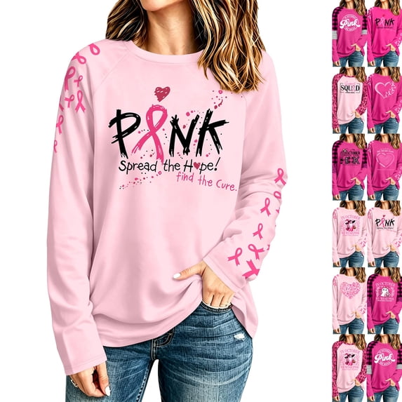 Breast Cancer Shirts for Women Breast Cancer Awareness Long Sleeve T Shirt, Graphic Tee Fall Casual Long Sleeve T-shirt Support Squad Breast Cancer Casual Tops White L
