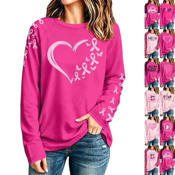Breast Cancer Shirts for Women Breast Cancer Awareness Long Sleeve T Shirt, Graphic Tee Fall Casual Long Sleeve T-shirt Support Squad Breast Cancer Casual Tops Vermilion XXL
